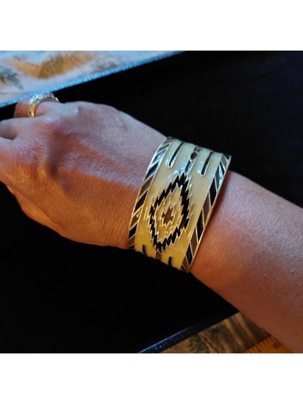Vintage* Lucky Brand Brass & Enamel Navajo Rug Design Bangle Bracelet